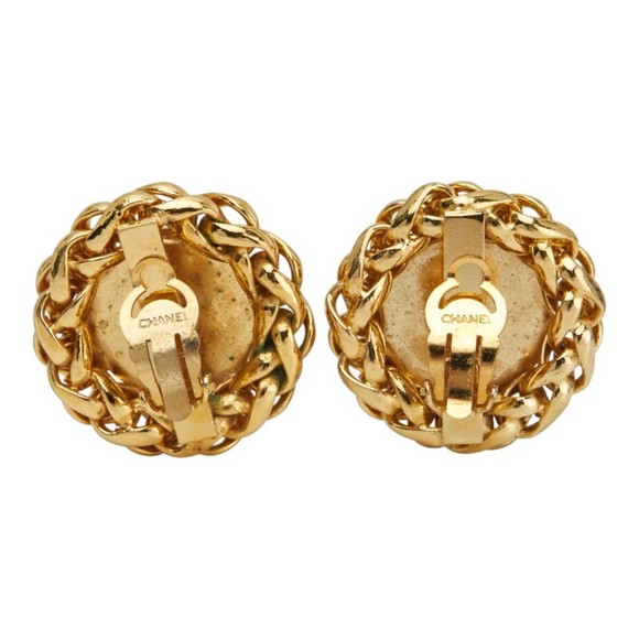 CHANEL Coco Mark Round Wheat and Rice Motif Earrings, Gold Plated, Women's - Picture 3 of 7